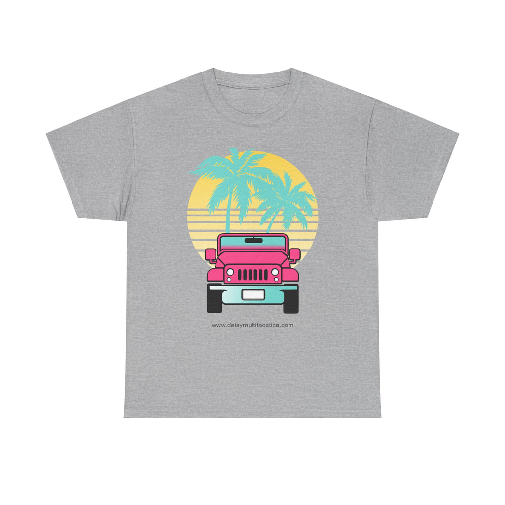 Retro Pink Jeep Tee — Tropical Palm Sunset Vintage Beach T-Shirt