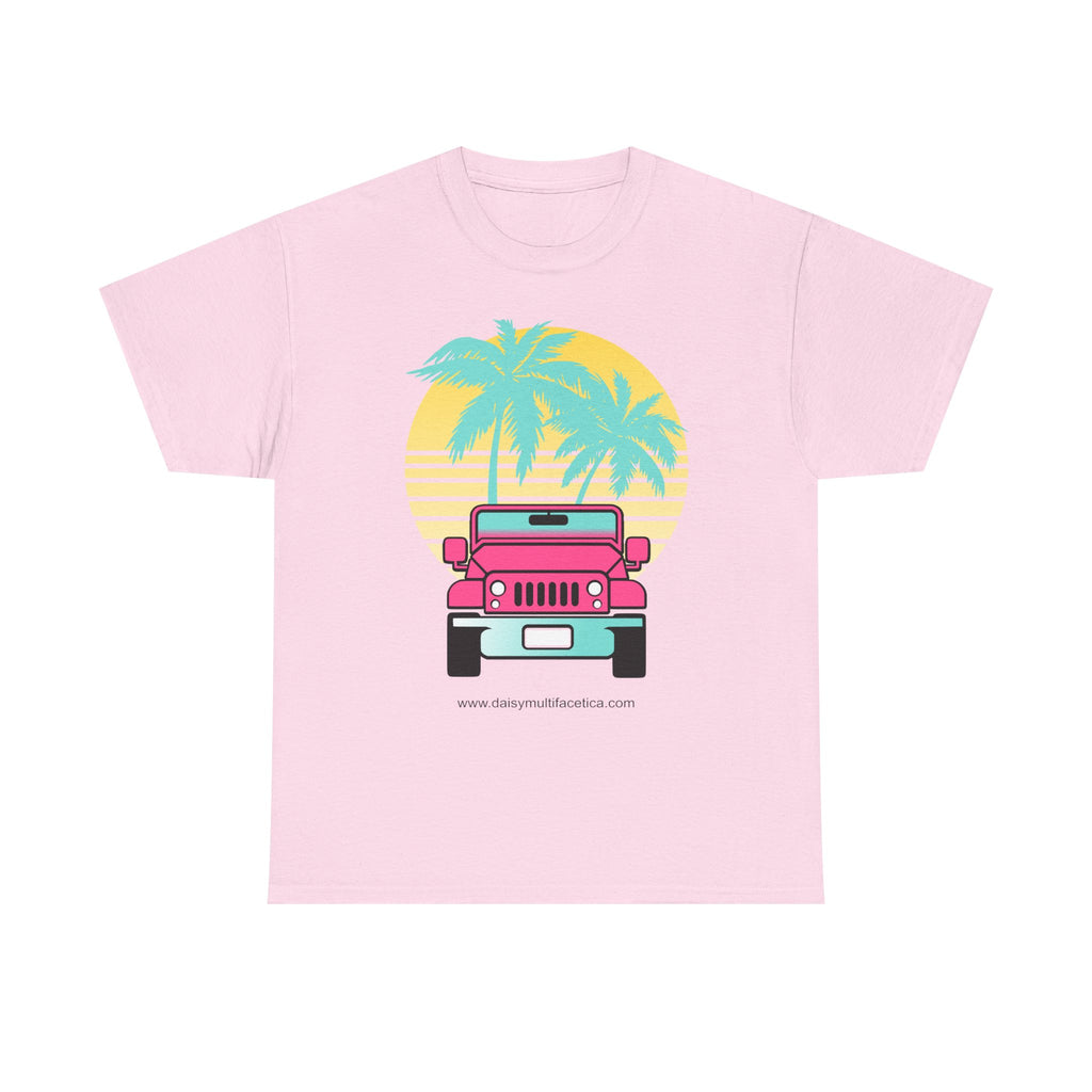 Retro Pink Jeep Tee — Tropical Palm Sunset Vintage Beach T-Shirt
