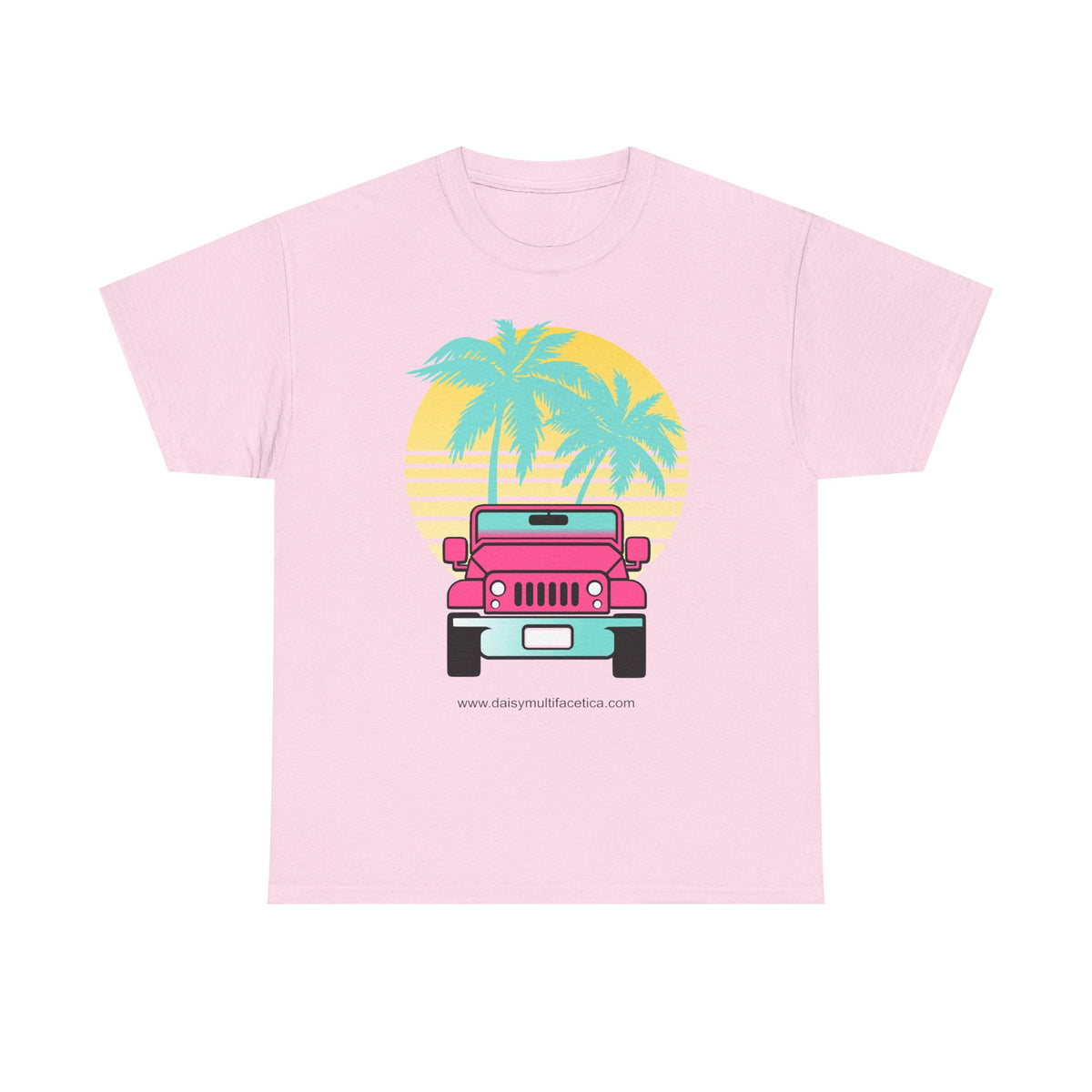 Retro Pink Jeep Tee — Tropical Palm Sunset Vintage Beach T-Shirt