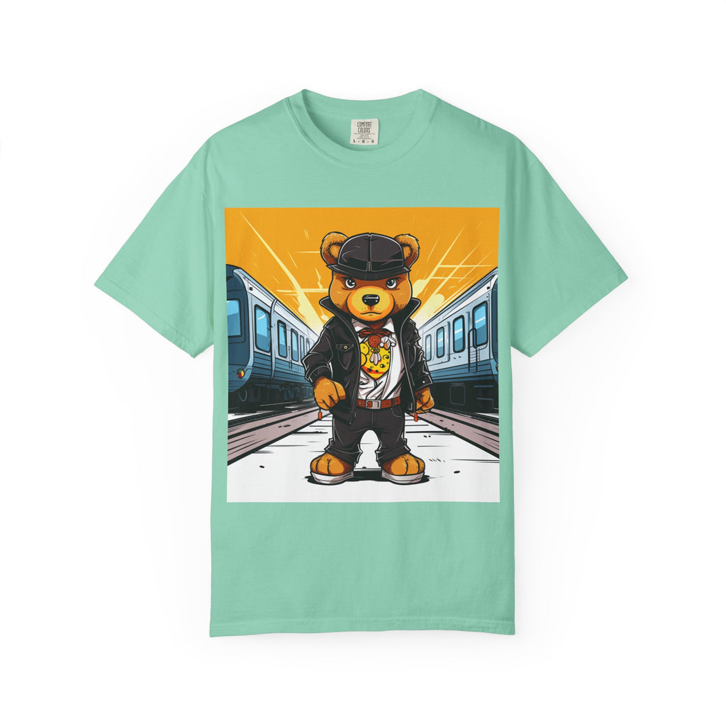 Streetwear Teddy Bear Graphic T-Shirt — Urban Train Station Design