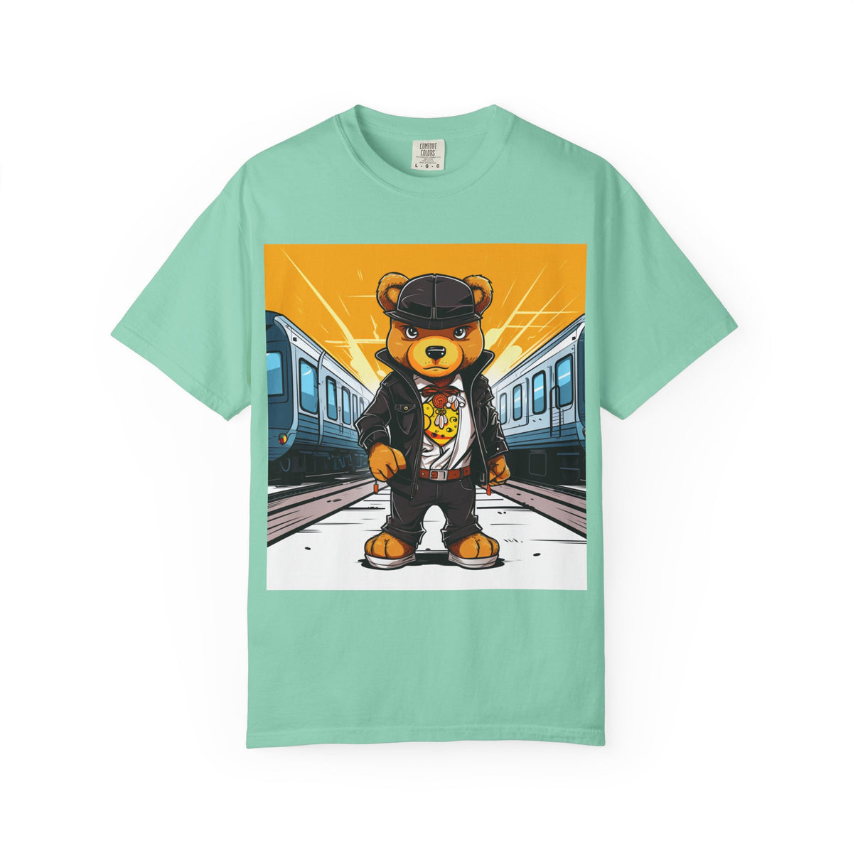 Streetwear Teddy Bear Graphic T-Shirt — Urban Train Station Design