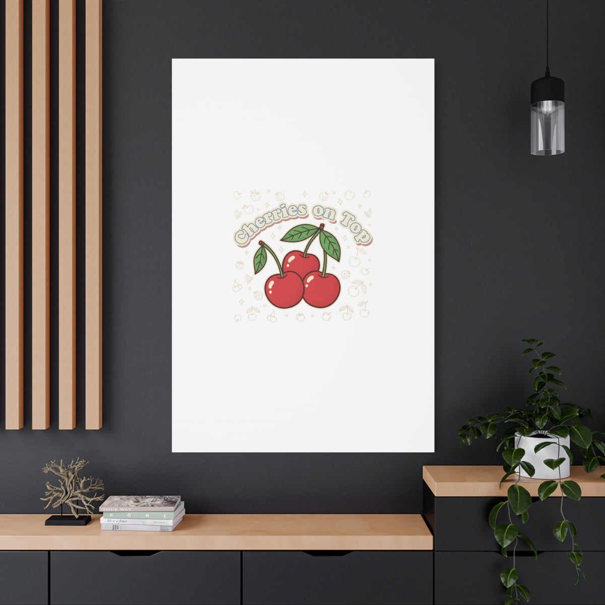 Cherries on Top Canvas | Retro Kawaii Fruit Print, Cherry Wall Art