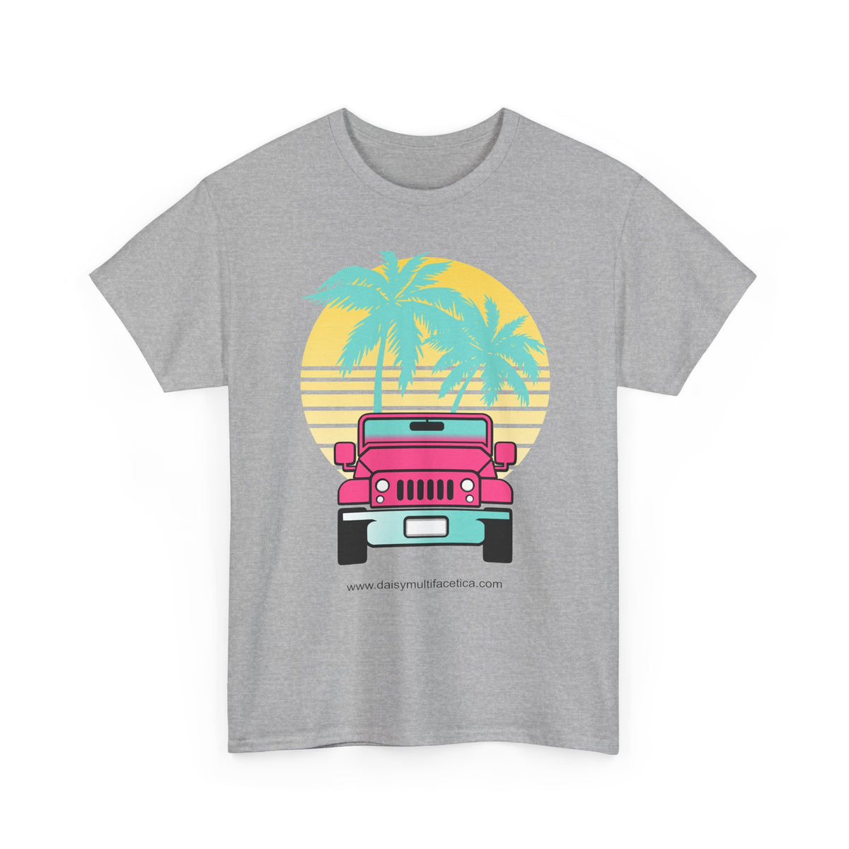 Retro Pink Jeep Tee — Tropical Palm Sunset Vintage Beach T-Shirt