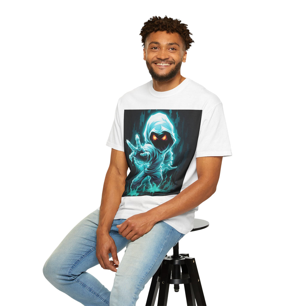 Ghostly Hooded Spirit T-Shirt — Neon Blue Phantom Graphic Tee