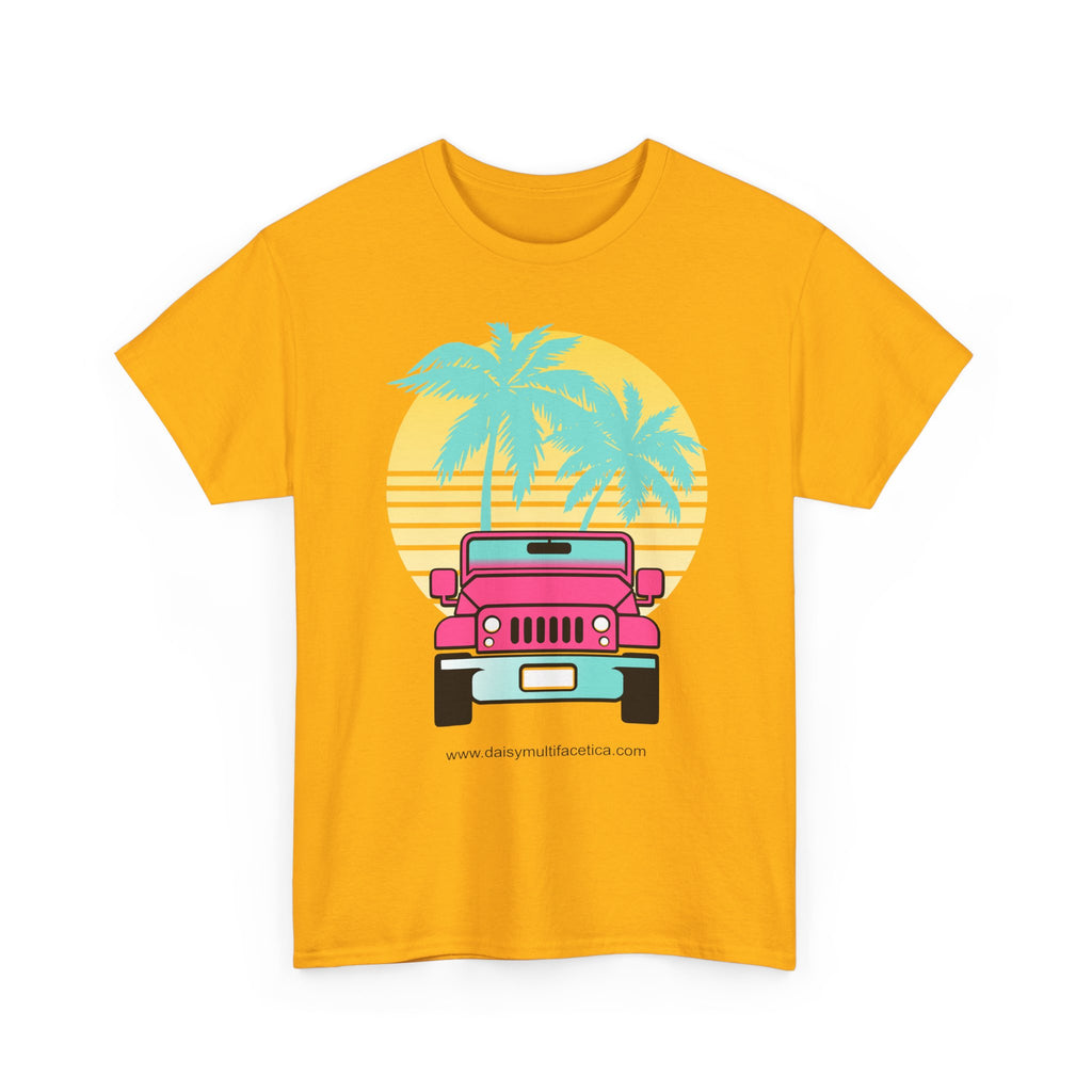 Retro Pink Jeep Tee — Tropical Palm Sunset Vintage Beach T-Shirt