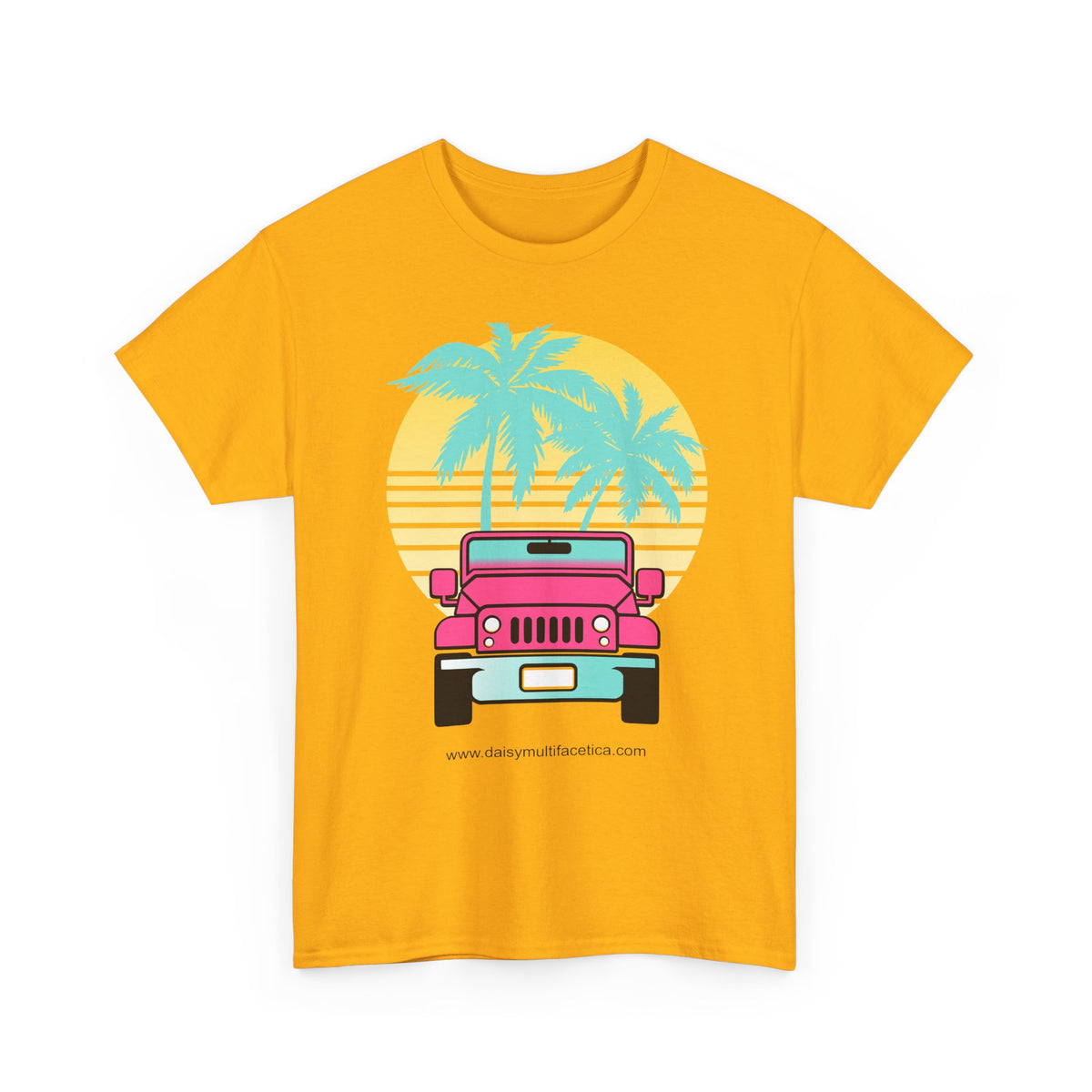 Retro Pink Jeep Tee — Tropical Palm Sunset Vintage Beach T-Shirt