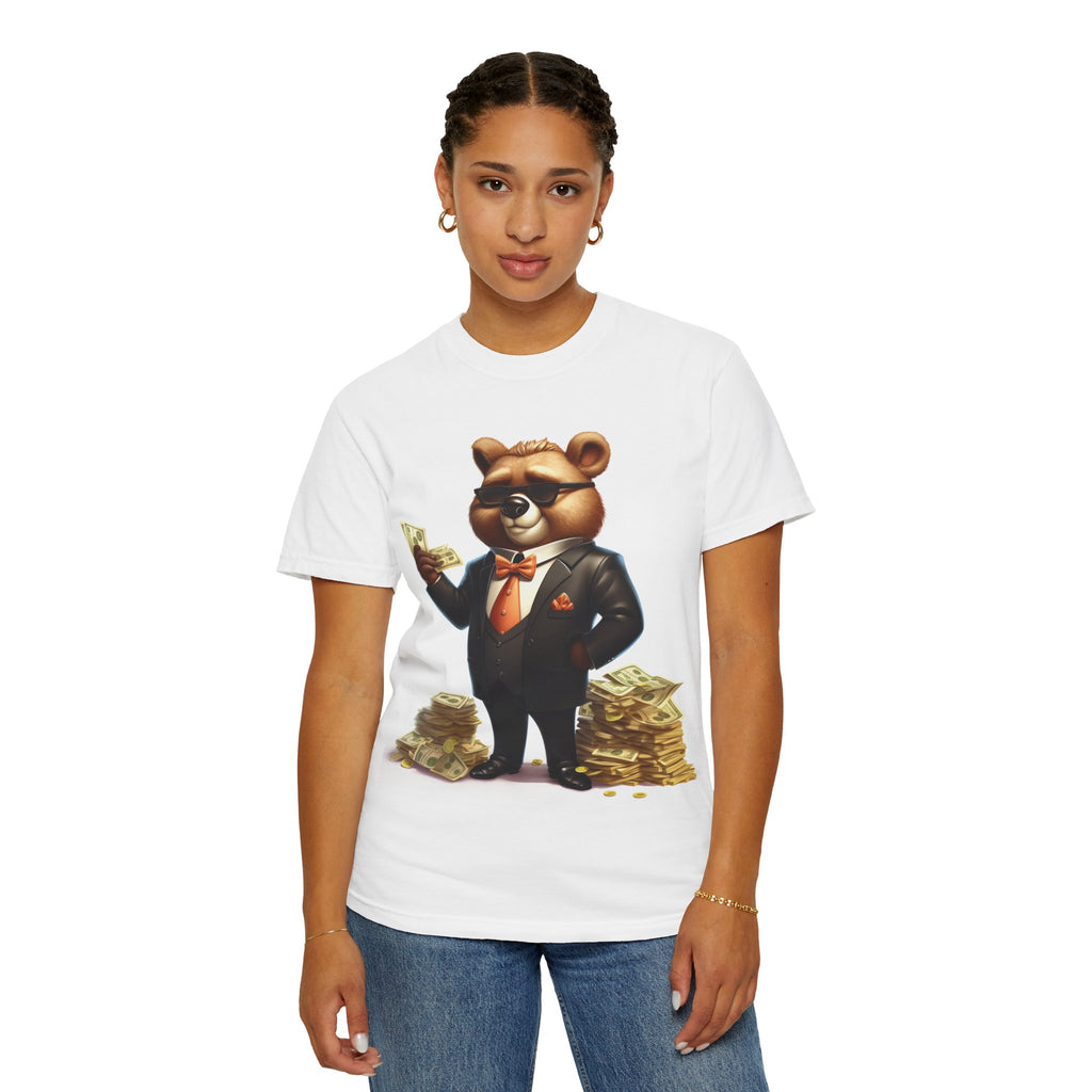 Rich Bear Money Tee — Cartoon Bear in Suit Holding Cash T-Shirt
