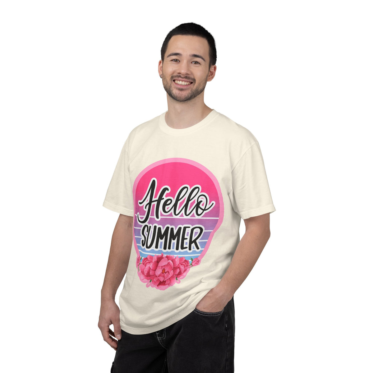 Hello Summer T-Shirt — Pink Retro Sunset Floral Tee