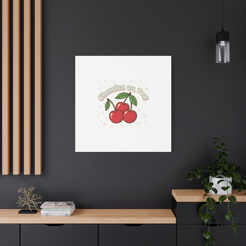 Cherries on Top Canvas | Retro Kawaii Fruit Print, Cherry Wall Art