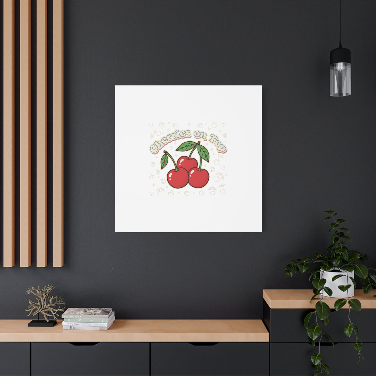 Cherries on Top Canvas | Retro Kawaii Fruit Print, Cherry Wall Art
